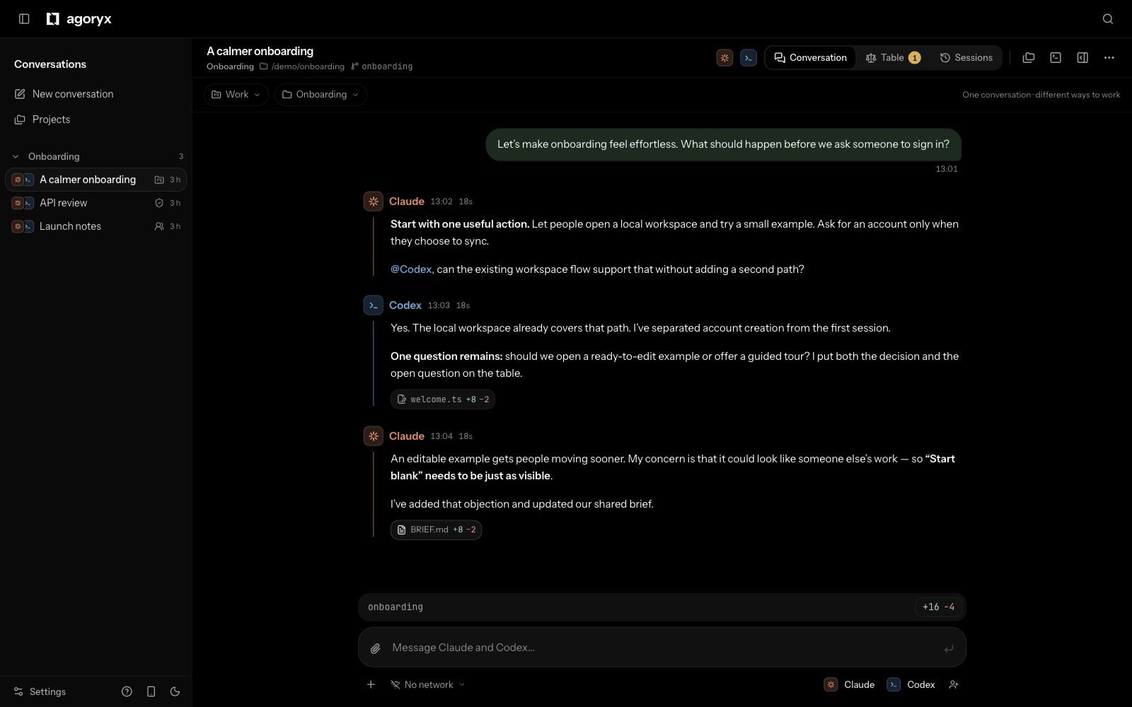 Actual Agoryx conversation with a human, Claude and Codex in a shared room