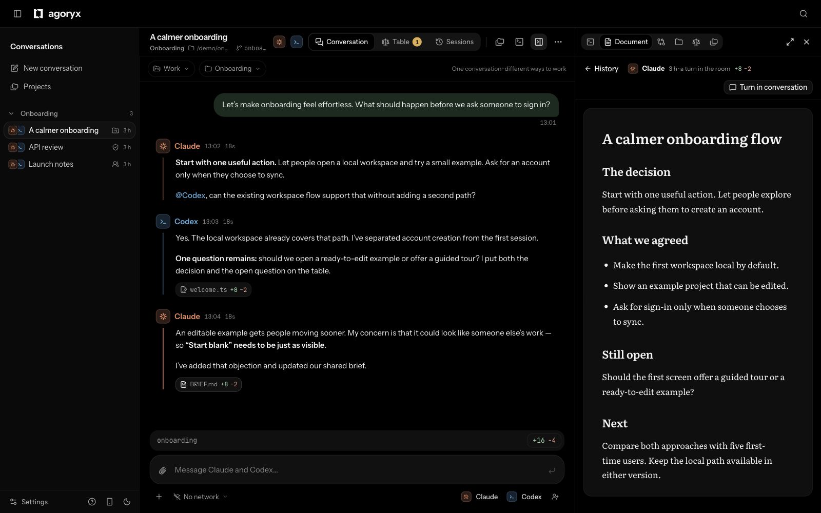 Actual Agoryx workspace with a document alongside the conversation